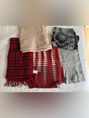 Assorted Scarves Bundle - Red Plaid, Rust Geometric, Gray, Black & Cream